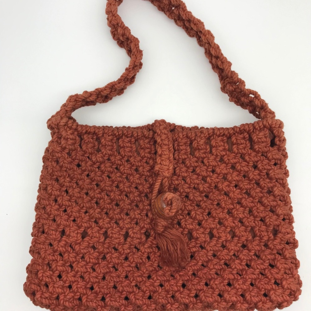 Vintage Handmade Crochet Macrame Terra Cotta Purse